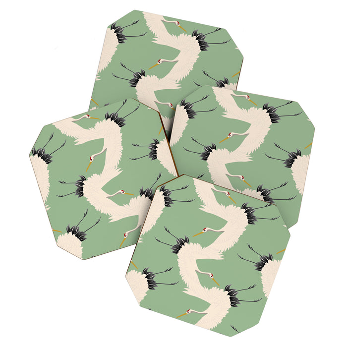 Japanese Cranes on Sage Green Background Coaster Gallery Image 1