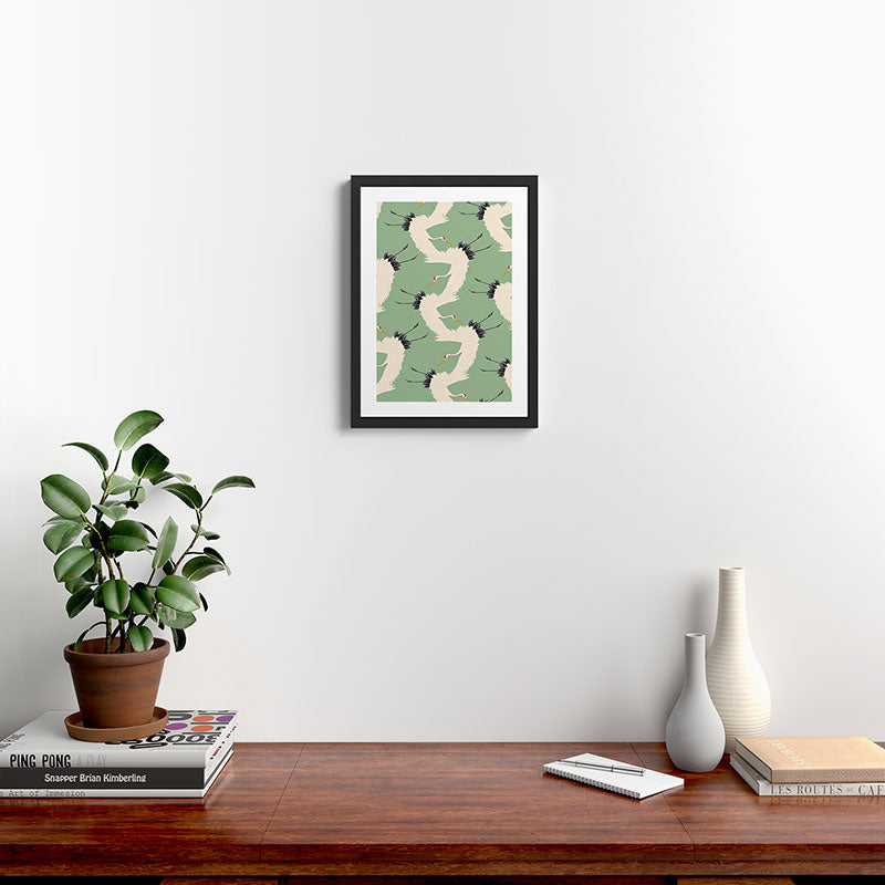 Japanese Cranes on Sage Green Background Framed Art Print Gallery Image 2