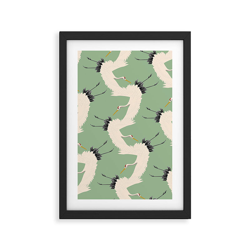 Japanese Cranes on Sage Green Background Framed Art Print Gallery Image 2