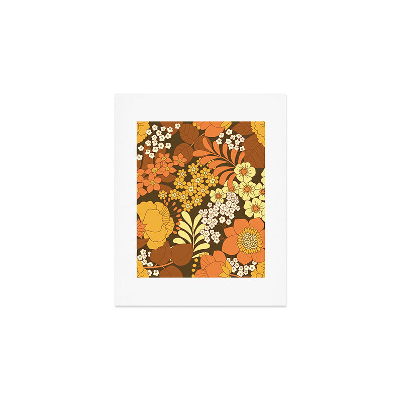 Brown, Yellow, Orange qnd Ivory Retro Flowers Art Print Gallery Image 1