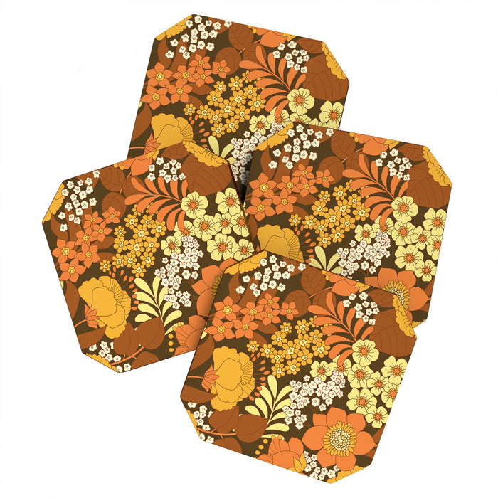 Brown, Yellow, Orange qnd Ivory Retro Flowers Coaster Gallery Image 1