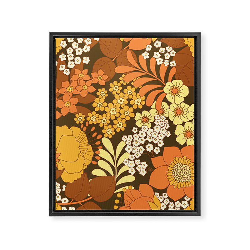Brown, Yellow, Orange qnd Ivory Retro Flowers Framed Canvas Print Gallery Image 8