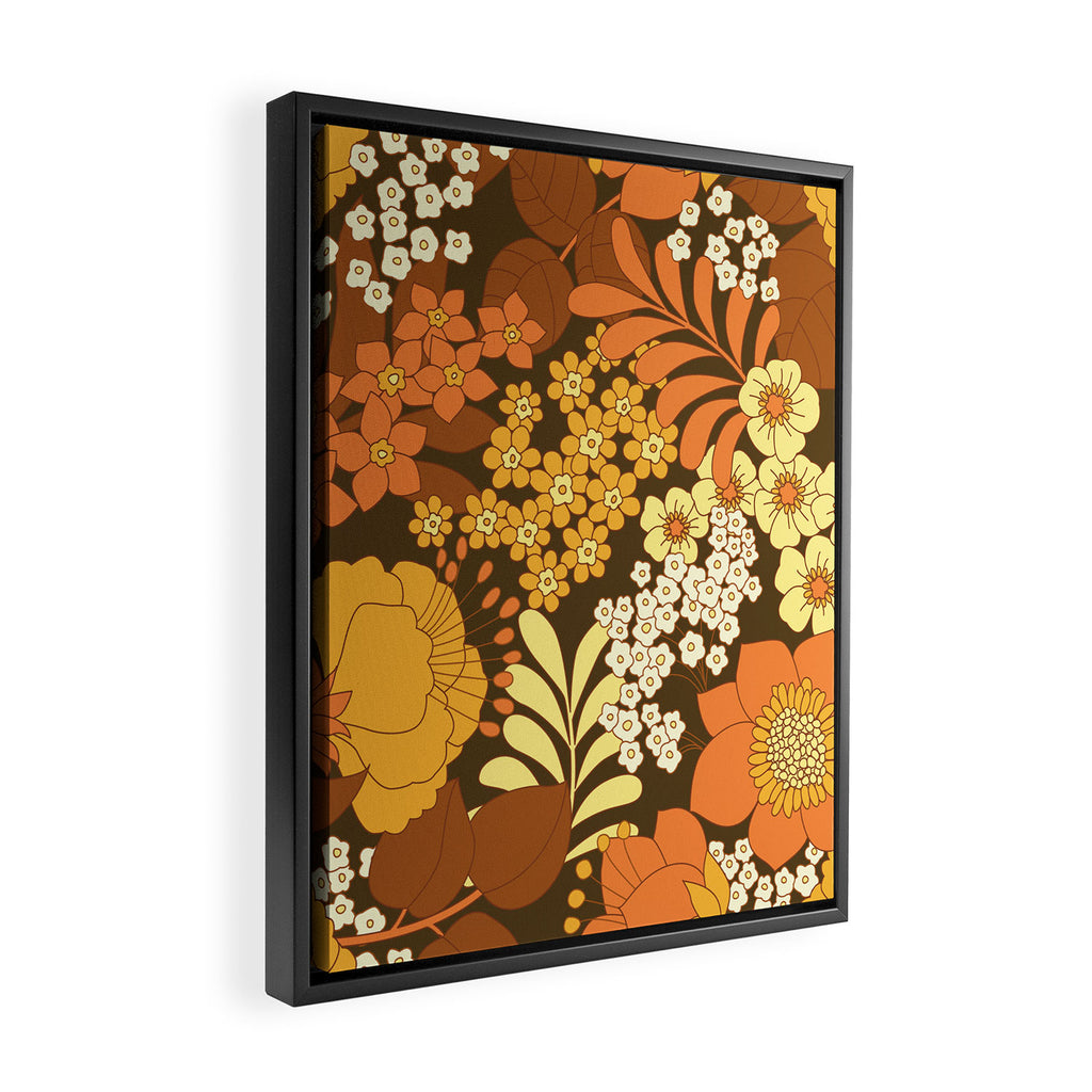 Brown, Yellow, Orange qnd Ivory Retro Flowers Framed Canvas Print Gallery Image 2