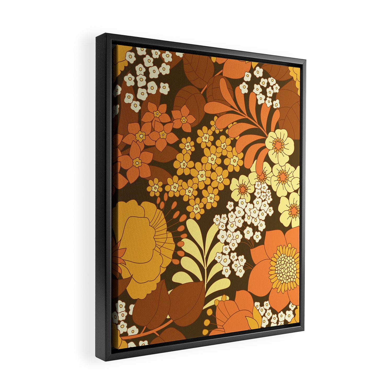 Brown, Yellow, Orange qnd Ivory Retro Flowers Framed Canvas Print Gallery Image 2