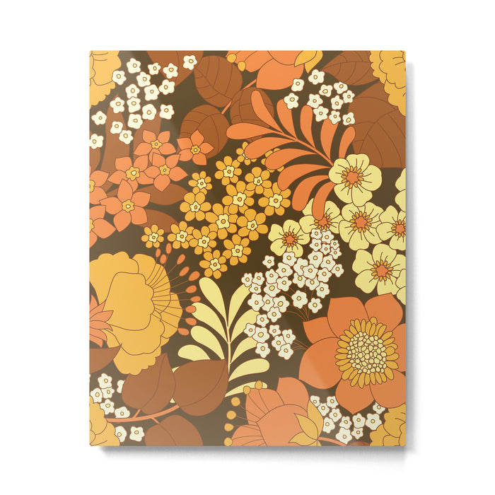 Brown, Yellow, Orange qnd Ivory Retro Flowers Metal Print Gallery Image 1