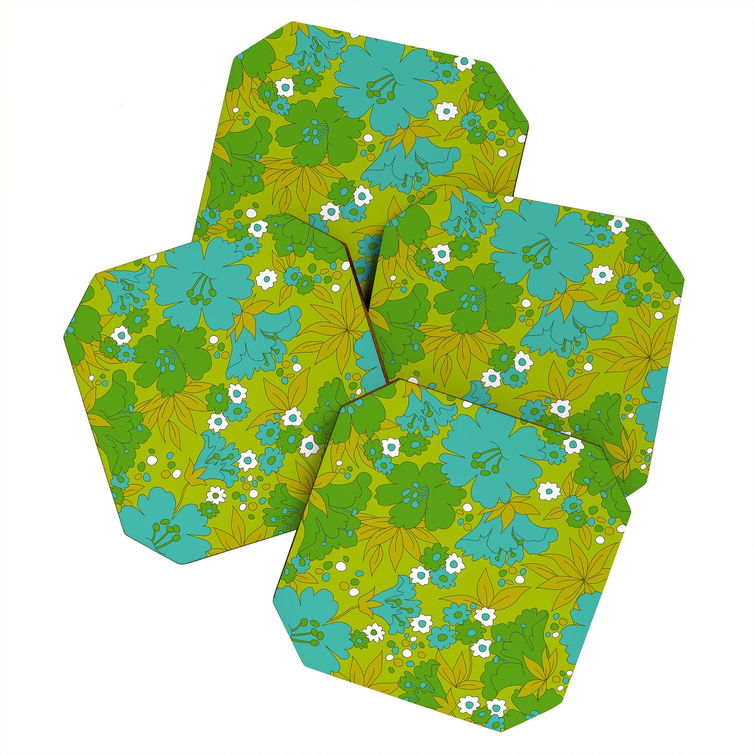 Green, Turquoise, and White Retro Flower Design Pattern Coaster Gallery Image 1