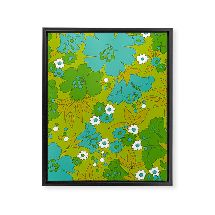 Green, Turquoise, and White Retro Flower Design Pattern Framed Canvas Print Gallery Image 1