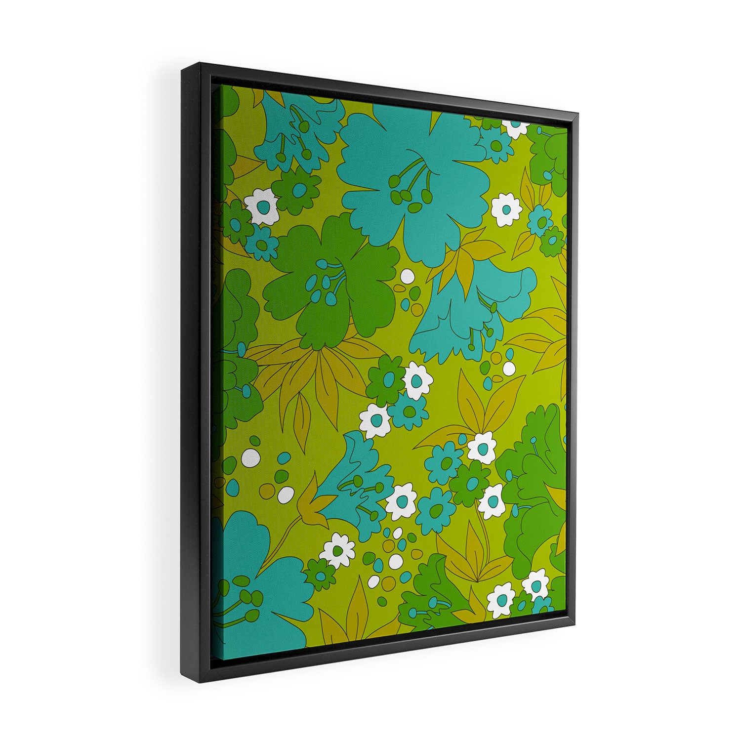 Green, Turquoise, and White Retro Flower Design Pattern Framed Canvas Print Gallery Image 2