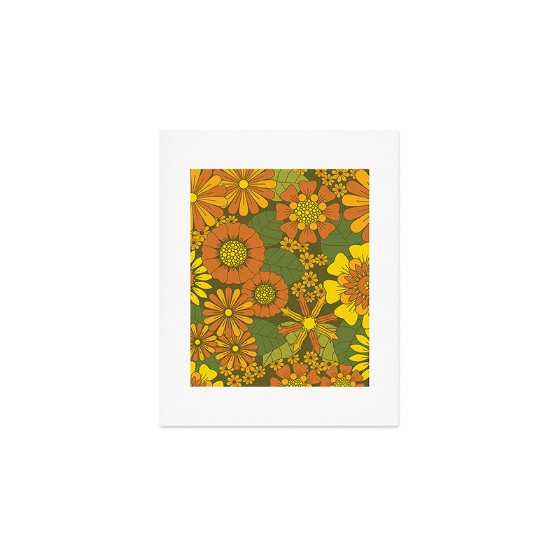 Orange, Brown, Yellow and Green Retro Daisy Pattern Art Print Gallery Image 1