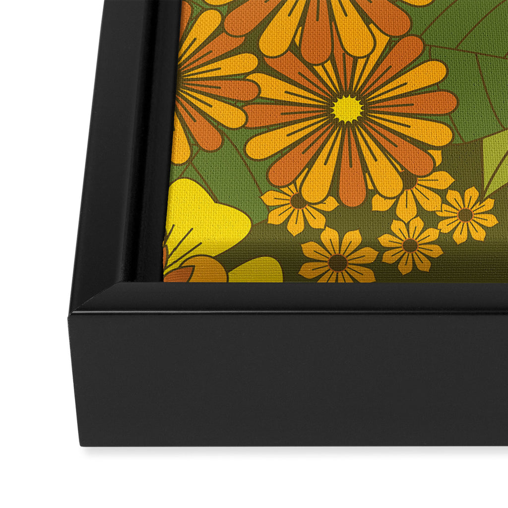 Orange, Brown, Yellow and Green Retro Daisy Pattern Framed Canvas Print Gallery Image 3