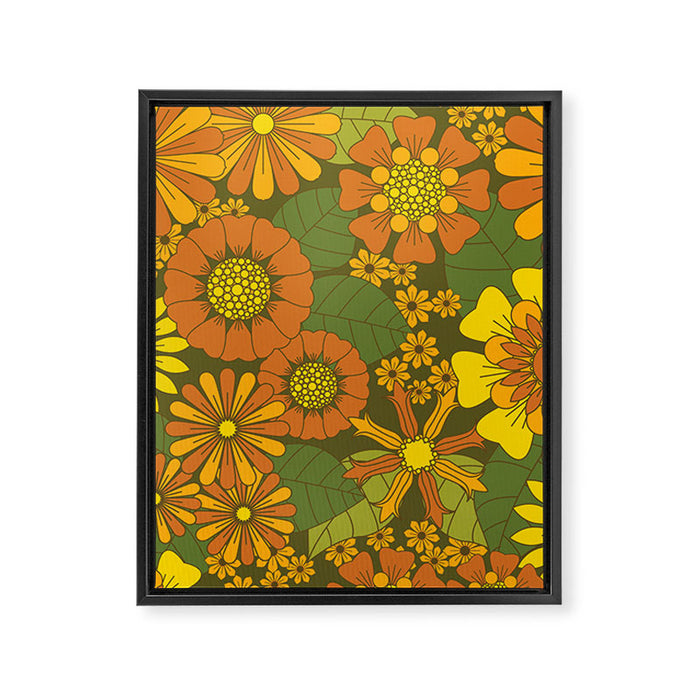 Orange, Brown, Yellow and Green Retro Daisy Pattern Framed Canvas Print Gallery Image 1