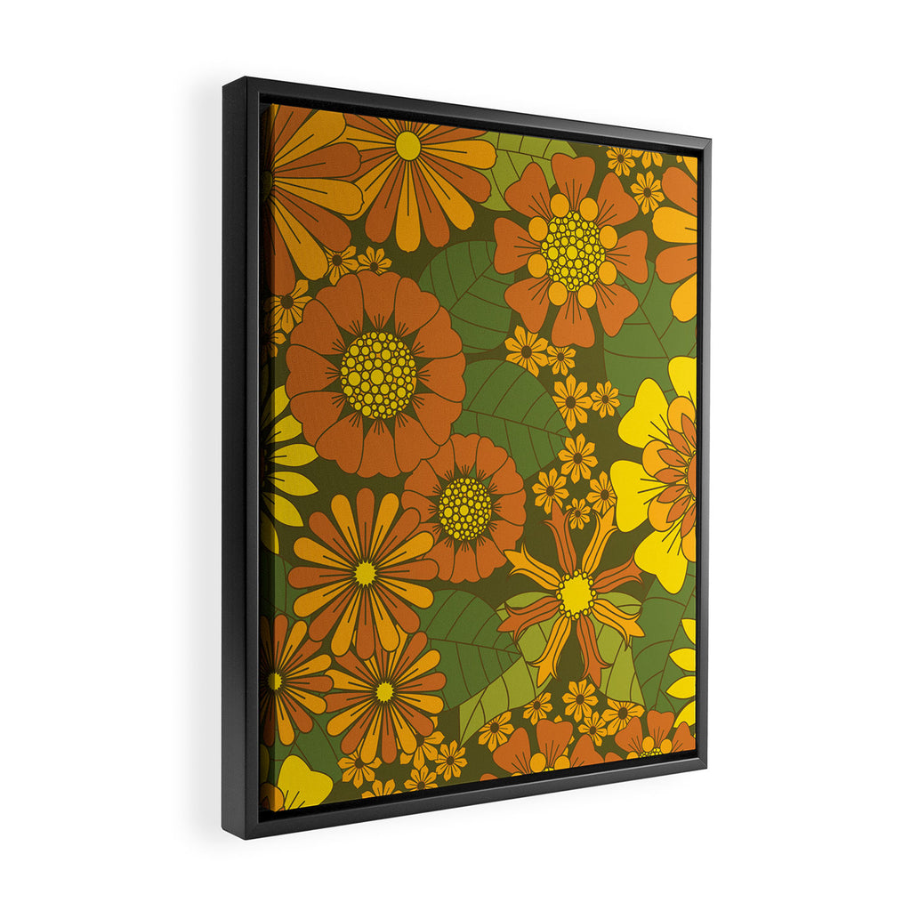 Orange, Brown, Yellow and Green Retro Daisy Pattern Framed Canvas Print Gallery Image 2