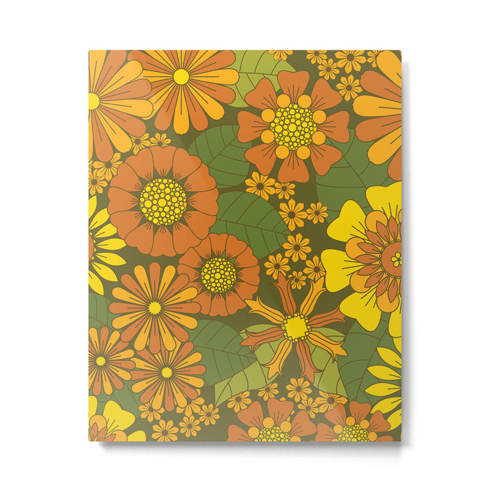 Orange, Brown, Yellow and Green Retro Daisy Pattern Metal Print Gallery Image 1