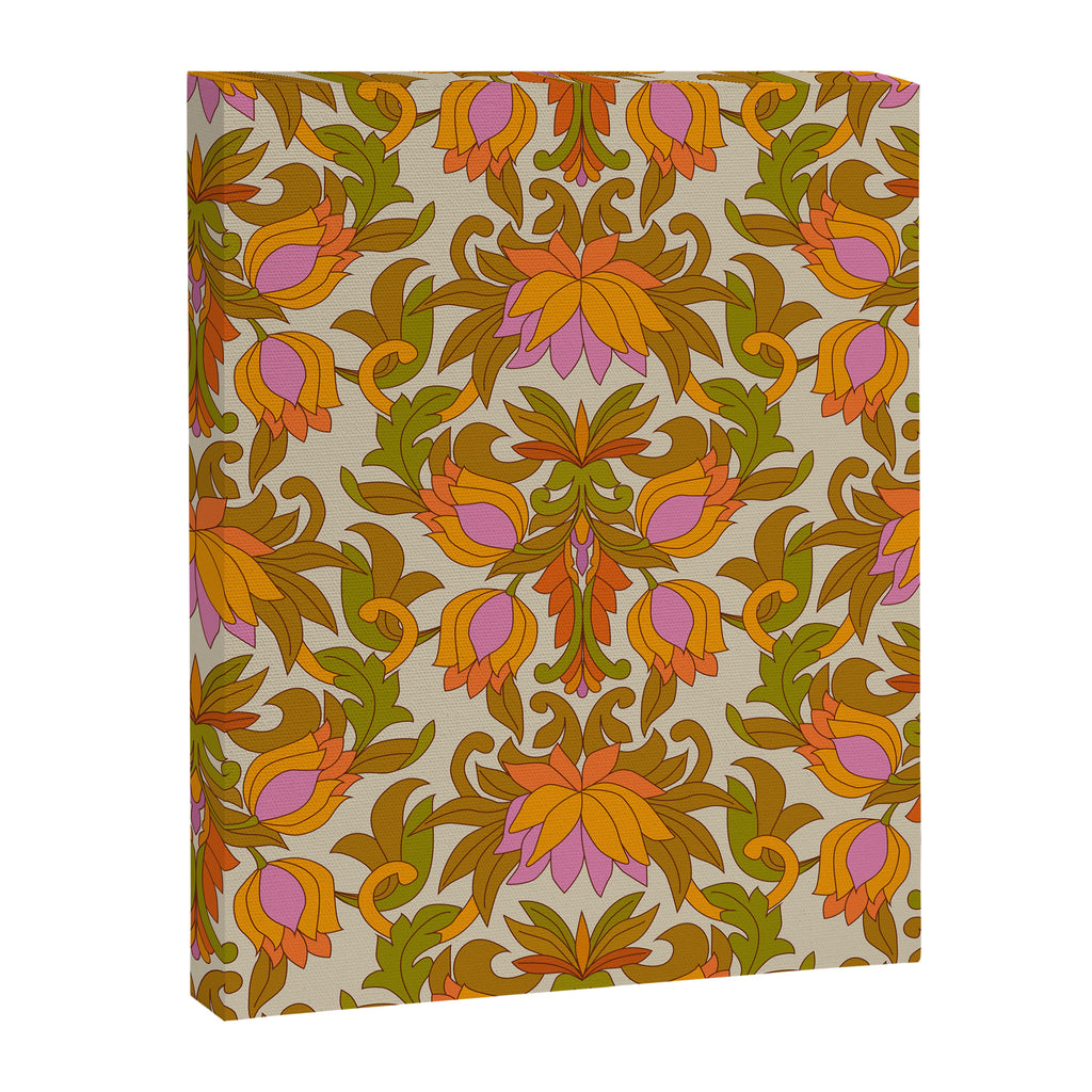 Orange, Pink Flowers and Green Leaves 1960s Retro Vintage Pattern Canvas Print Gallery Image 8