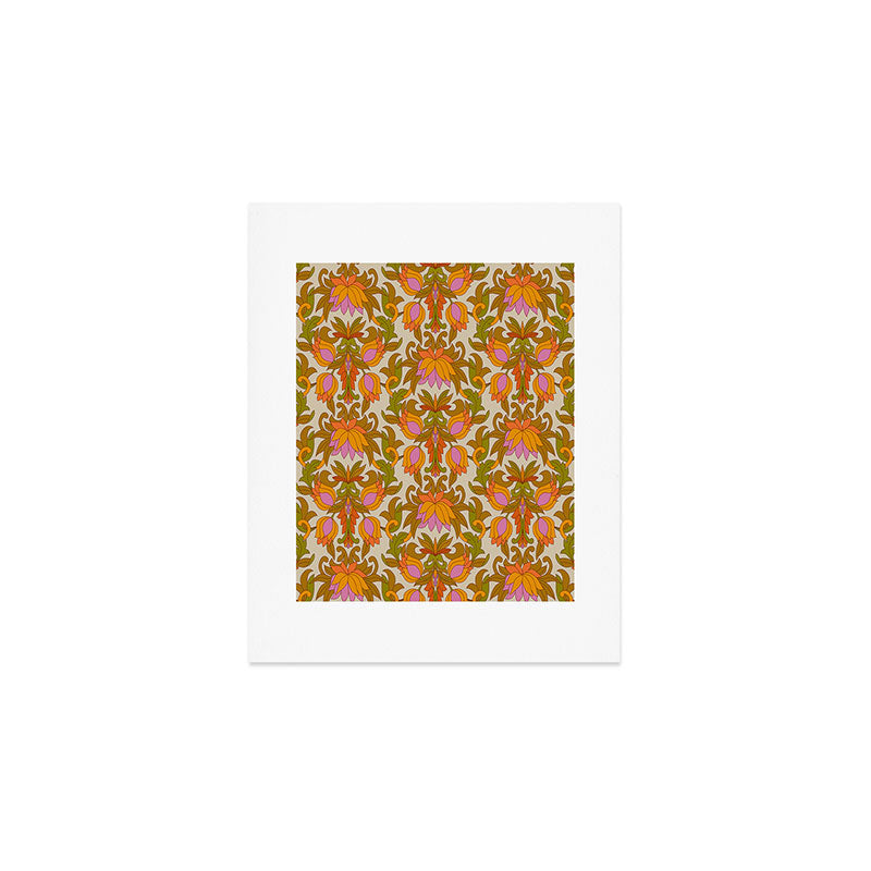 Orange, Pink Flowers and Green Leaves 1960s Retro Vintage Pattern Art Print Gallery Image 1