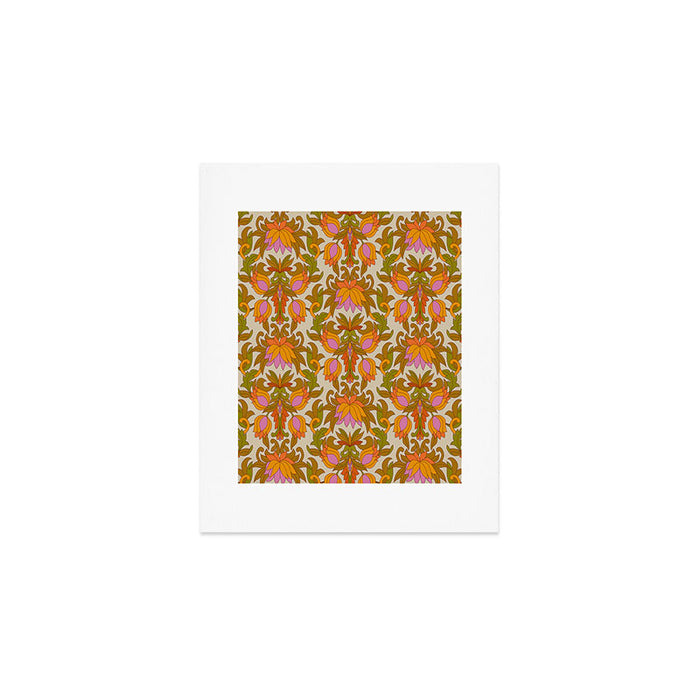 Orange, Pink Flowers and Green Leaves 1960s Retro Vintage Pattern Art Print Gallery Image 1
