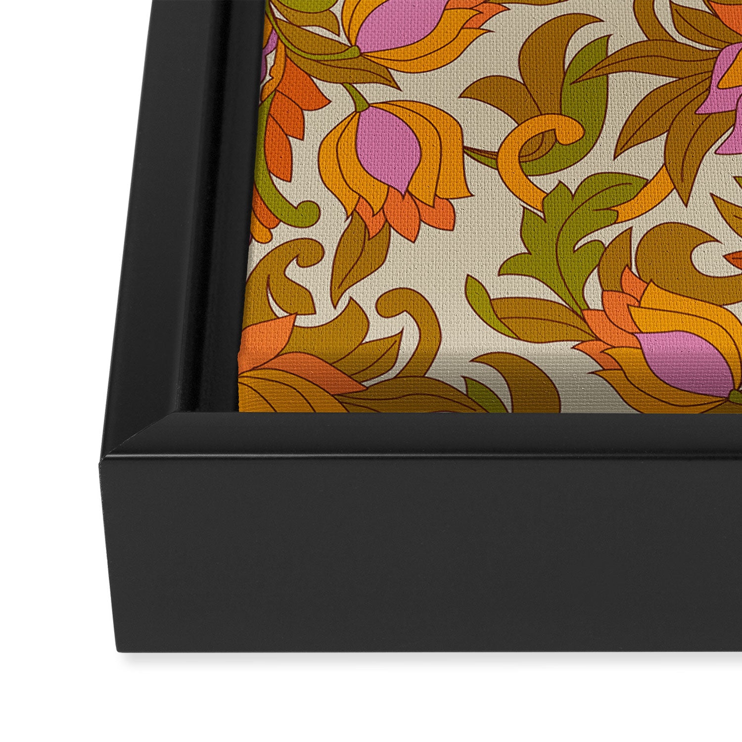 Orange, Pink Flowers and Green Leaves 1960s Retro Vintage Pattern Framed Canvas Print Gallery Image 3