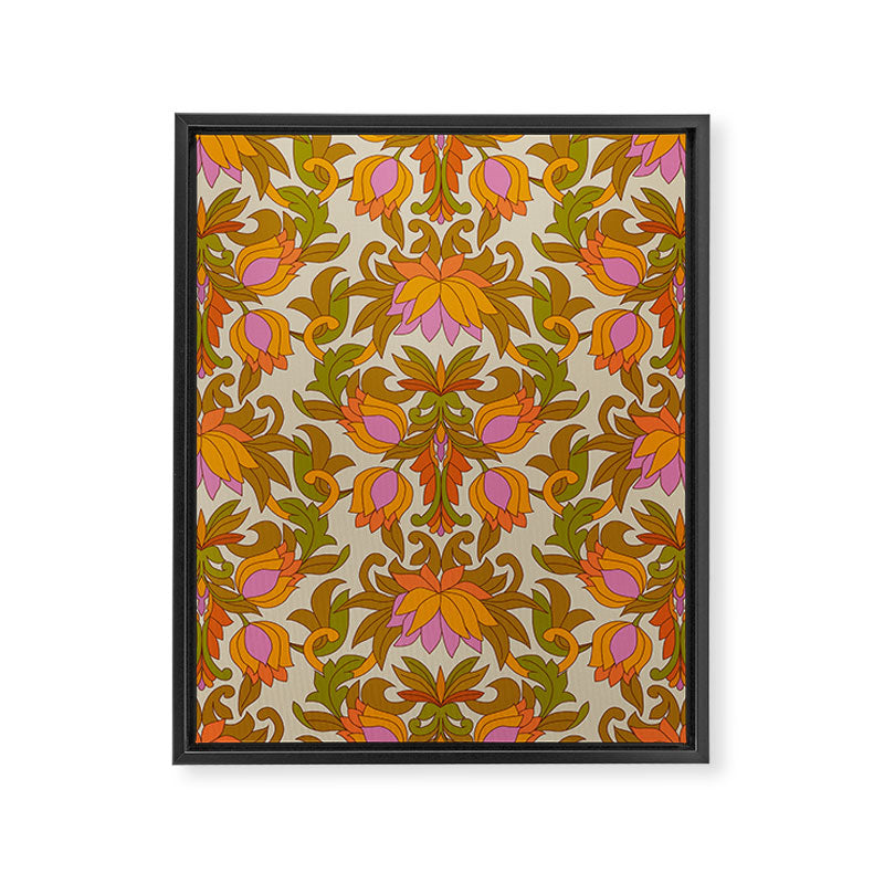 Orange, Pink Flowers and Green Leaves 1960s Retro Vintage Pattern Framed Canvas Print Gallery Image 8