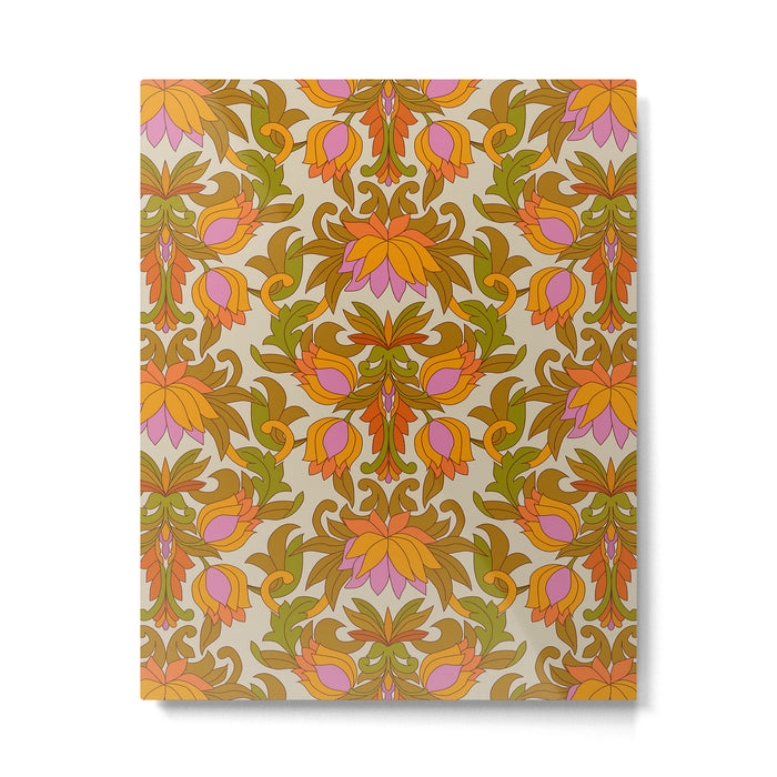 Orange, Pink Flowers and Green Leaves 1960s Retro Vintage Pattern Metal Print Gallery Image 1