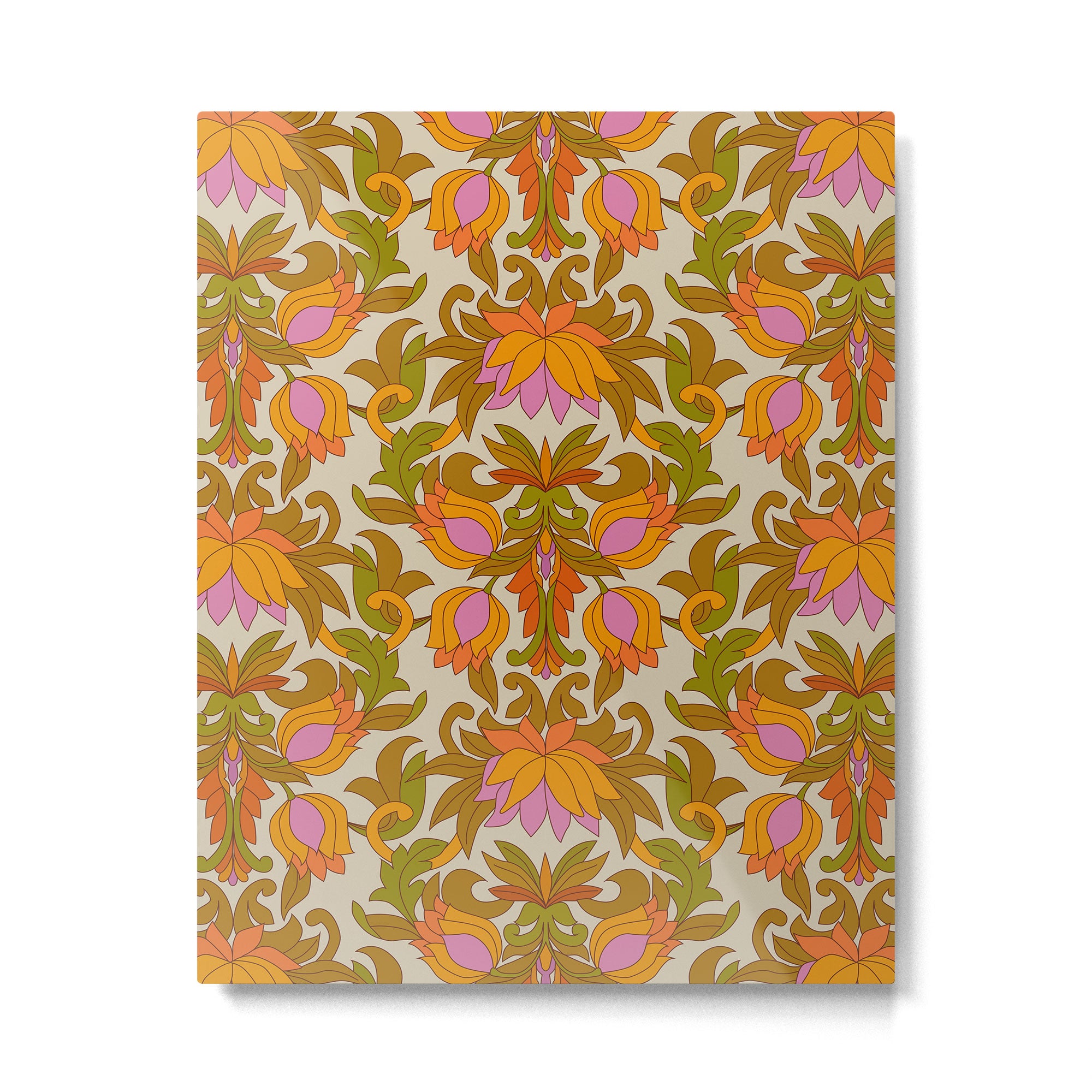 Orange, Pink Flowers and Green Leaves 1960s Retro Vintage Pattern Metal Print Gallery Image 6