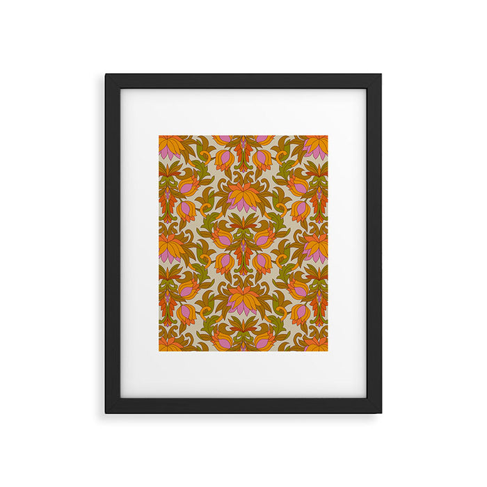 Orange, Pink Flowers and Green Leaves 1960s Retro Vintage Pattern Framed Art Print Gallery Image 1