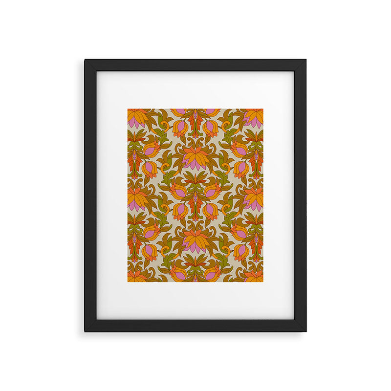 Orange, Pink Flowers and Green Leaves 1960s Retro Vintage Pattern Framed Art Print Gallery Image 6