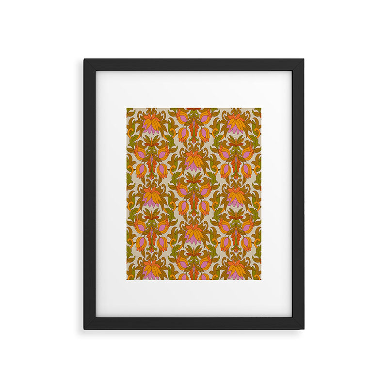 Orange, Pink Flowers and Green Leaves 1960s Retro Vintage Pattern Framed Art Print Gallery Image 4
