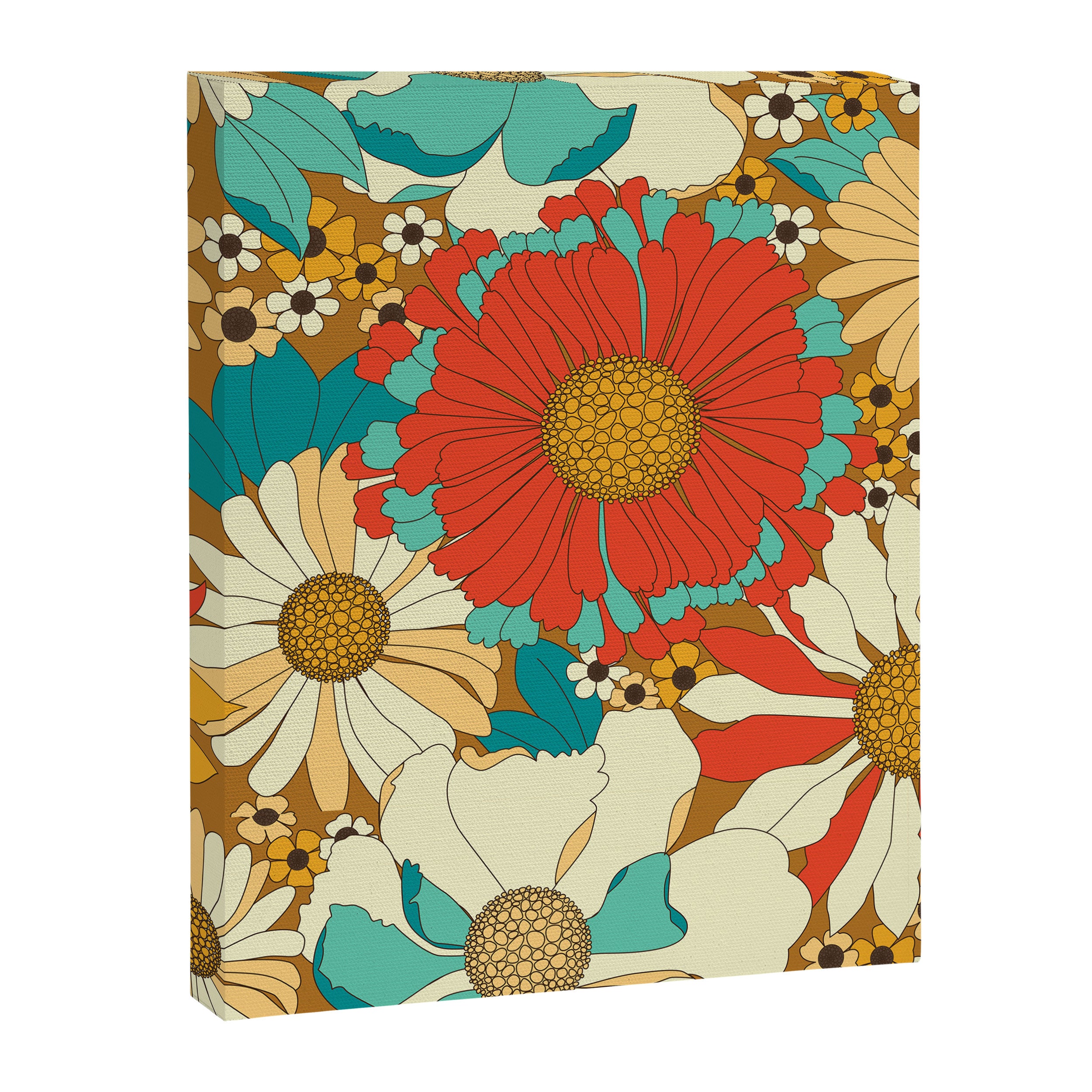 Red, Orange, Turquoise and Brown Retro Floral Pattern Canvas Print Gallery Image 8