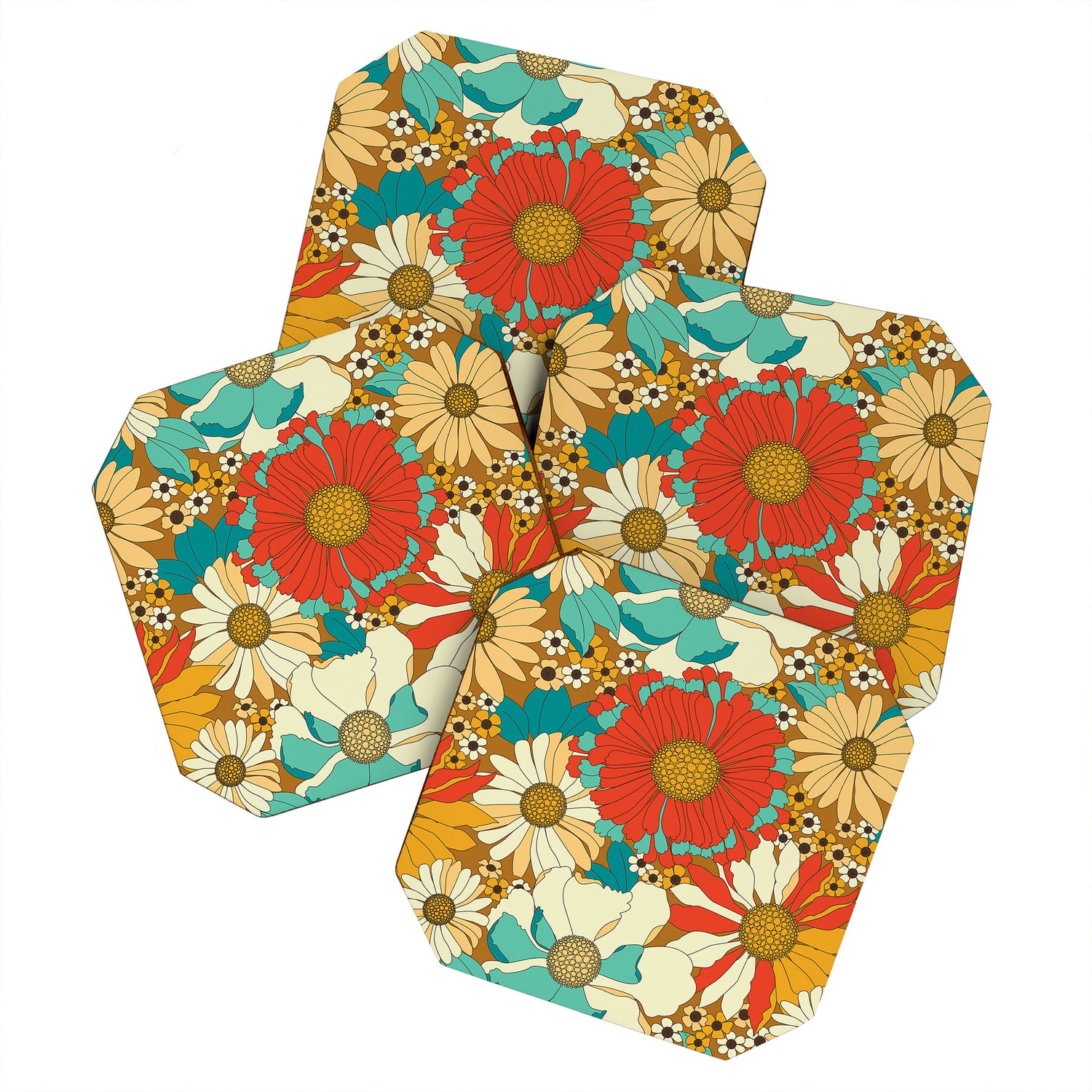 Red, Orange, Turquoise and Brown Retro Floral Pattern Coaster Gallery Image 1