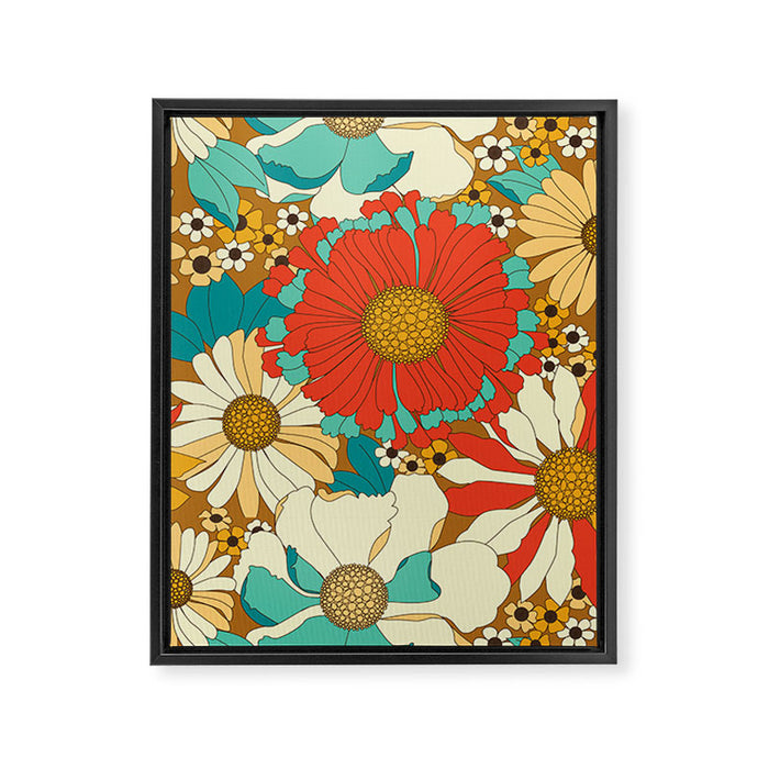 Red, Orange, Turquoise and Brown Retro Floral Pattern Framed Canvas Print Gallery Image 1