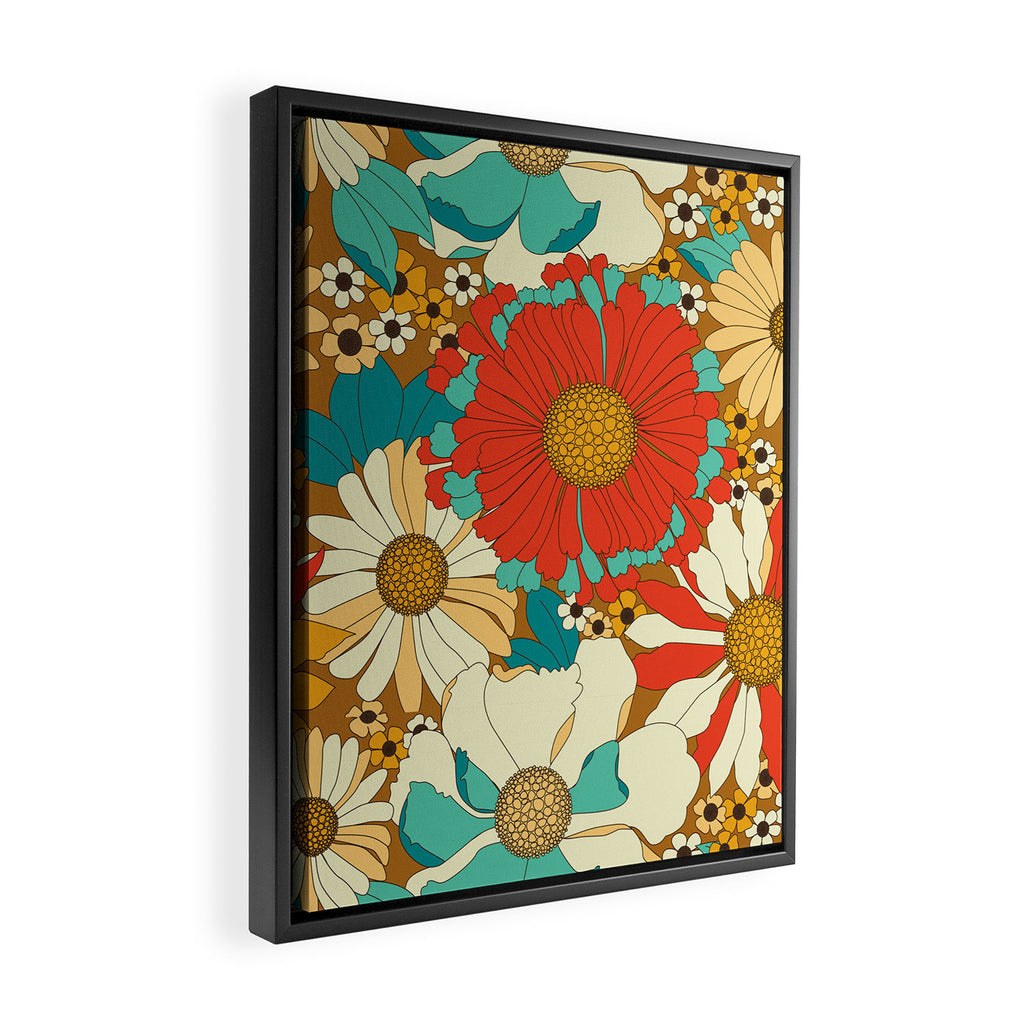 Red, Orange, Turquoise and Brown Retro Floral Pattern Framed Canvas Print Gallery Image 2