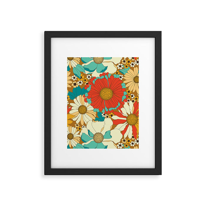 Red, Orange, Turquoise and Brown Retro Floral Pattern Framed Art Print Gallery Image 1