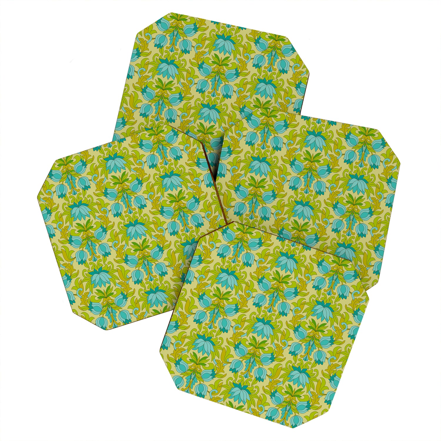 Turquoise and Green Leaves 1960s Retro Vintage Pattern Coaster Gallery Image 1