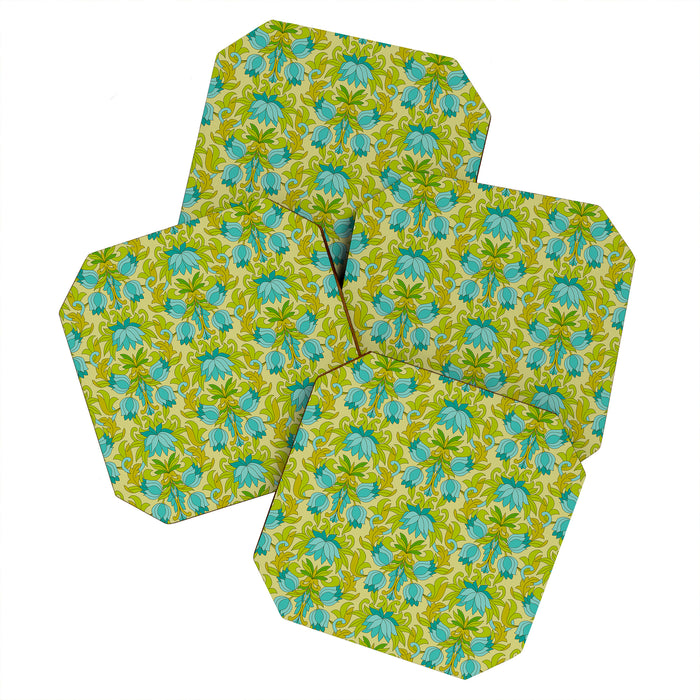 Turquoise and Green Leaves 1960s Retro Vintage Pattern Coaster Gallery Image 1