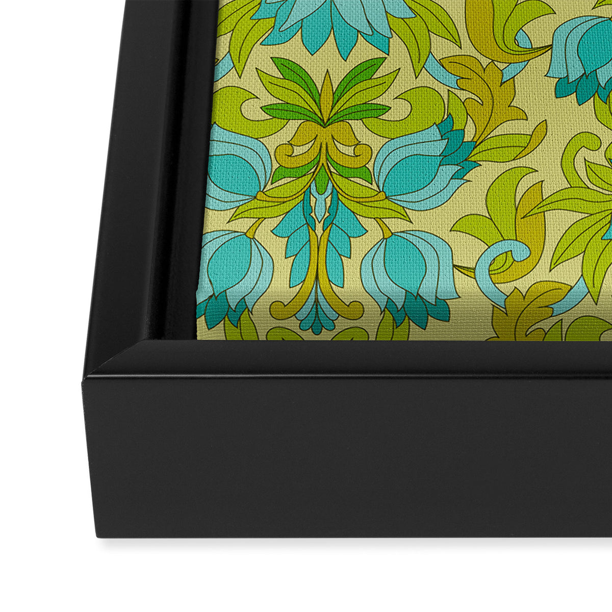Turquoise and Green Leaves 1960s Retro Vintage Pattern Framed Canvas Print Gallery Image 3
