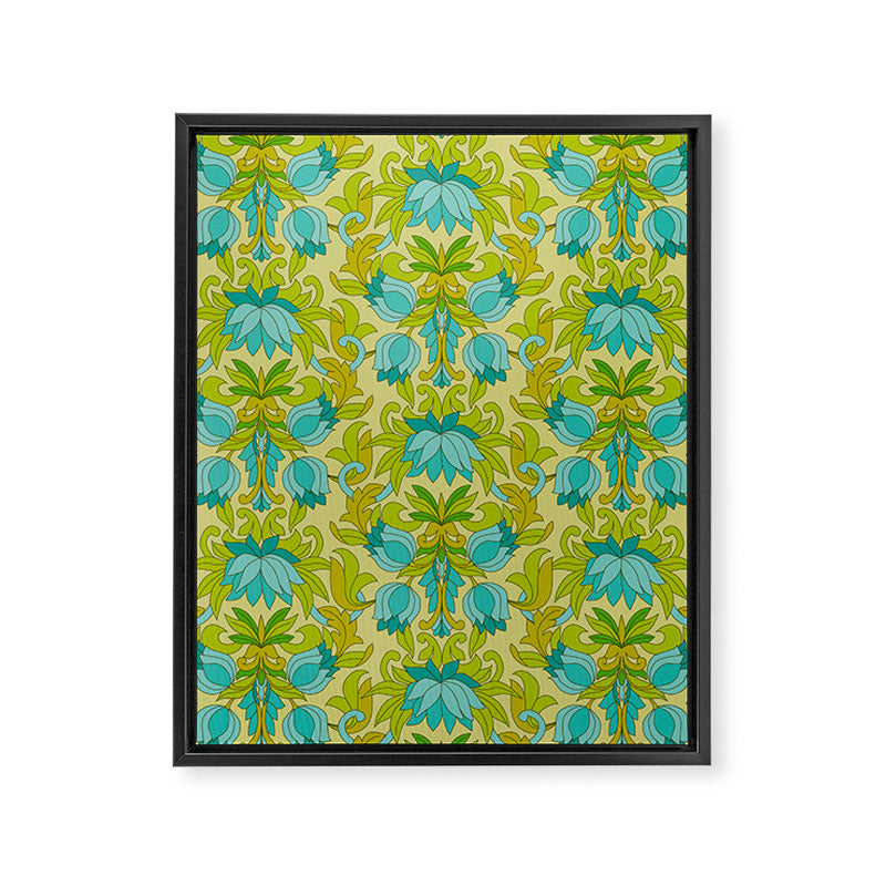 Turquoise and Green Leaves 1960s Retro Vintage Pattern Framed Canvas Print Gallery Image 8