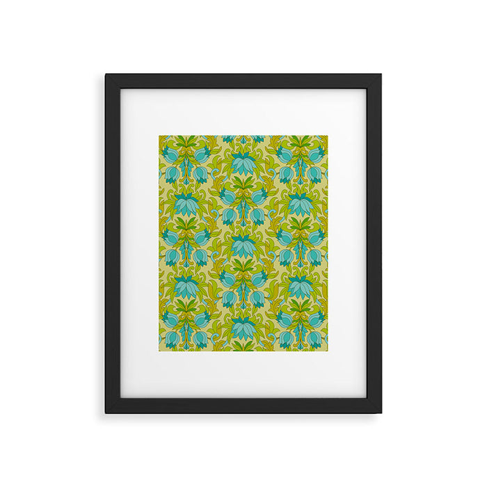 Turquoise and Green Leaves 1960s Retro Vintage Pattern Framed Art Print Gallery Image 1