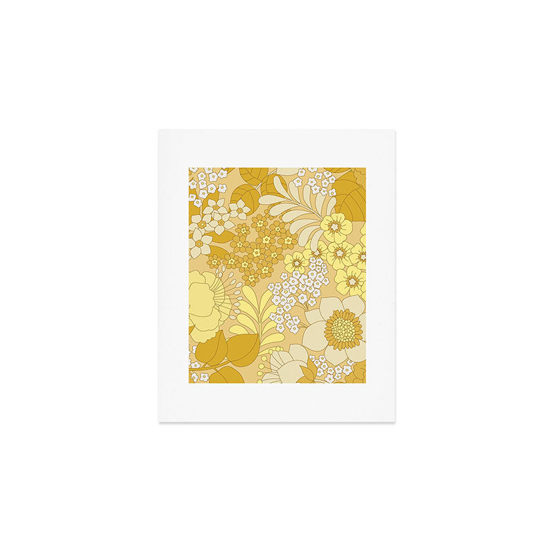 Yellow, Ivory & Brown Retro Floral Pattern Art Print Gallery Image 1