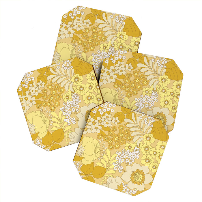 Yellow, Ivory & Brown Retro Floral Pattern Coaster Gallery Image 1
