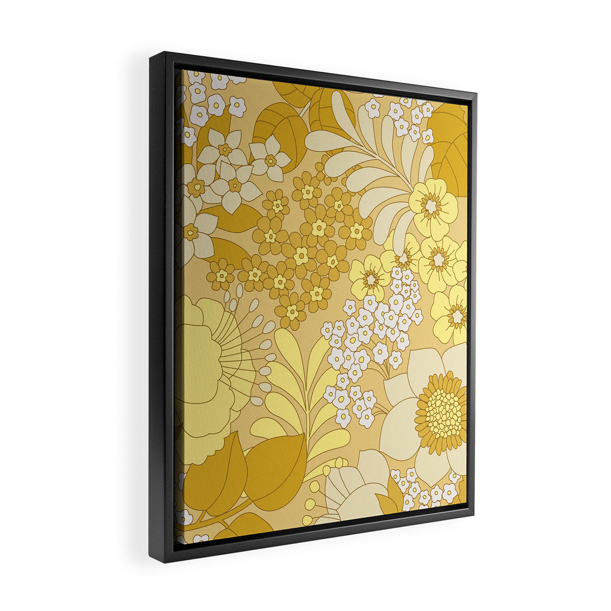 Yellow, Ivory & Brown Retro Floral Pattern Framed Canvas Print Gallery Image 2