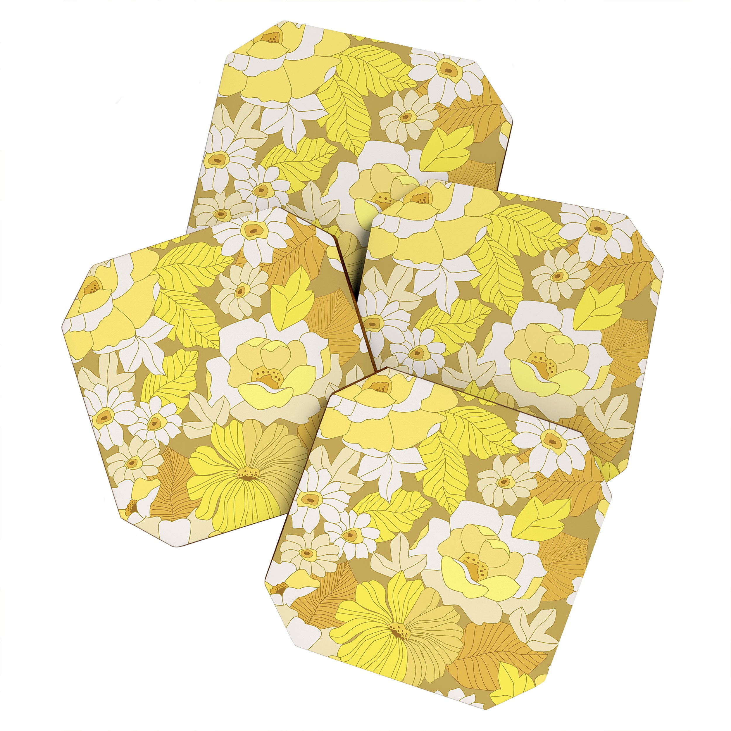 Yellow, Ivory and Brown Retro Flowers Coaster Gallery Image 1