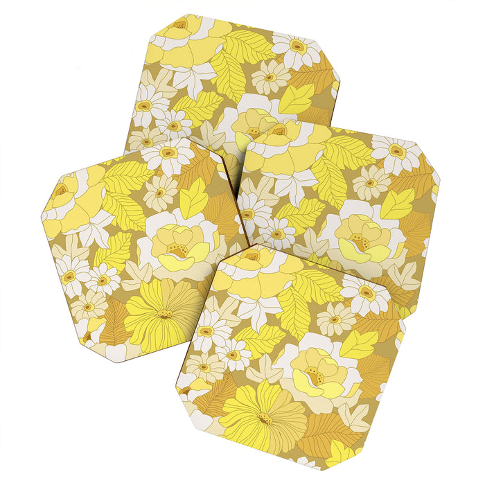 Yellow, Ivory and Brown Retro Flowers Coaster Gallery Image 1