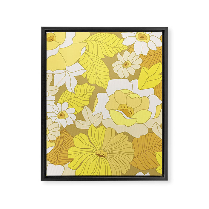 Yellow, Ivory and Brown Retro Flowers Framed Canvas Print Gallery Image 1