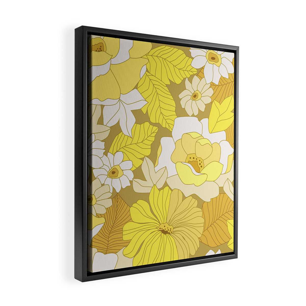 Yellow, Ivory and Brown Retro Flowers Framed Canvas Print Gallery Image 2