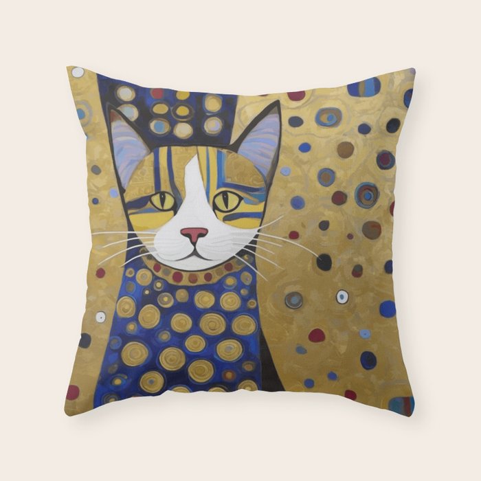 Klimt Cat in Blue and Gold Throw Pillow Gallery Image 6