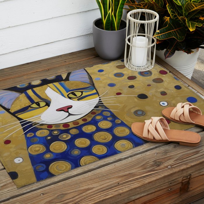 Klimt Cat in Blue and Gold Outdoor Rug Gallery Image 2