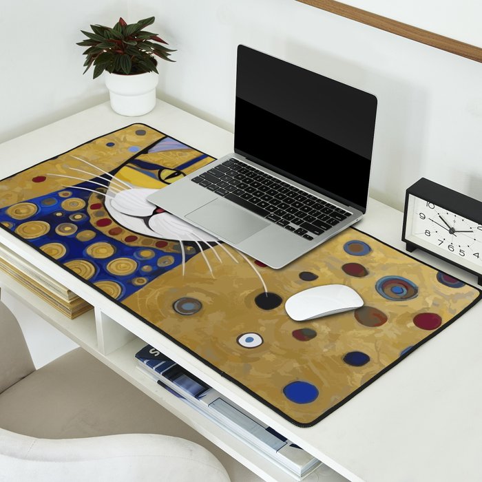 Klimt Cat in Blue and Gold Desk Mat Gallery Image 2