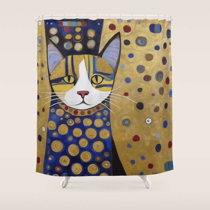 Klimt Cat in Blue and Gold Shower Curtain Gallery Image 1