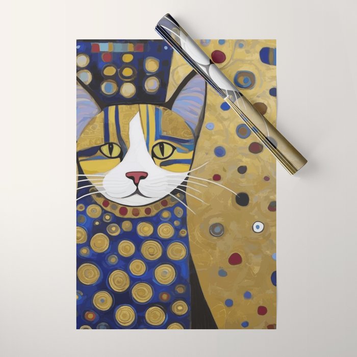 Klimt Cat in Blue and Gold Wrapping Paper Gallery Image 1