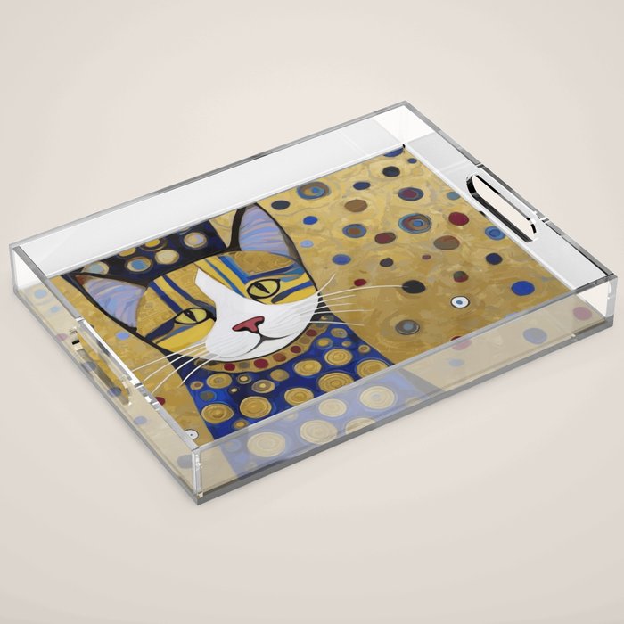 Klimt Cat in Blue and Gold Acrylic Tray Gallery Image 1